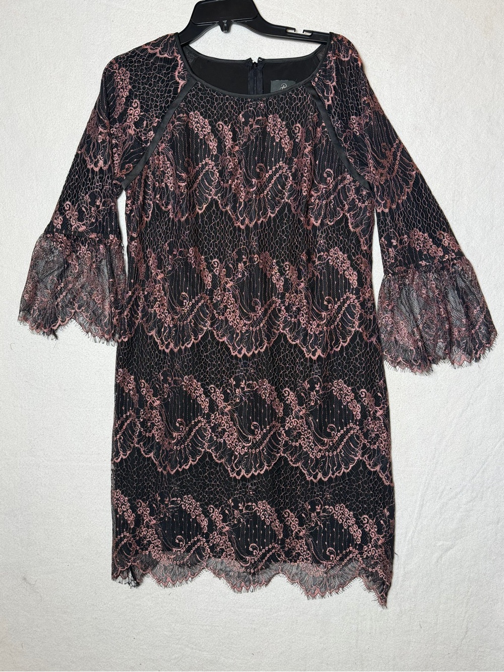 Adrianna Papell Black Pink Lace Bell Sleeve Cocktail Sheath Dress Size 14